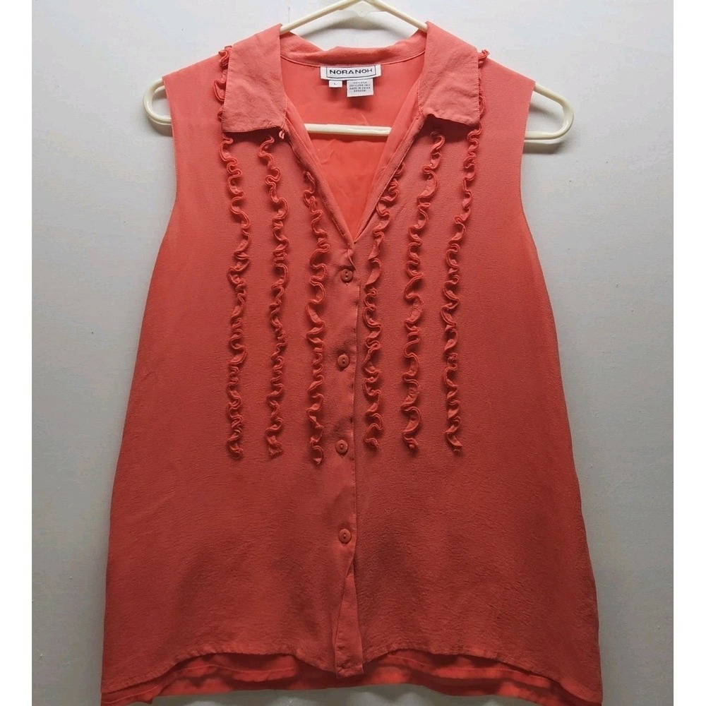 VTG 90s Nora Noh 100% Silk Ruffled Blouse Large Coral Coquette Office Regency